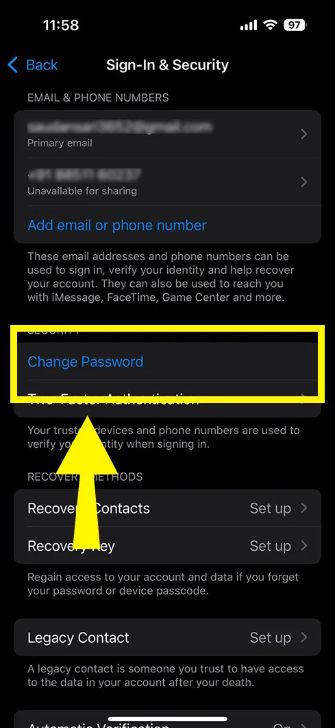 tap ‘change password’ option