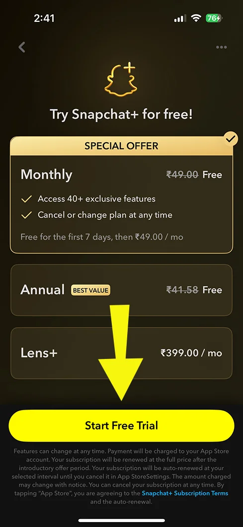 7-day free trial on Snapchat Plus