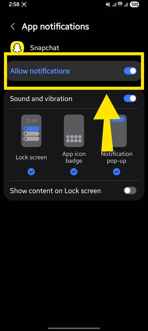 Push the toggle to turn of time sensitive alert on snapchat.