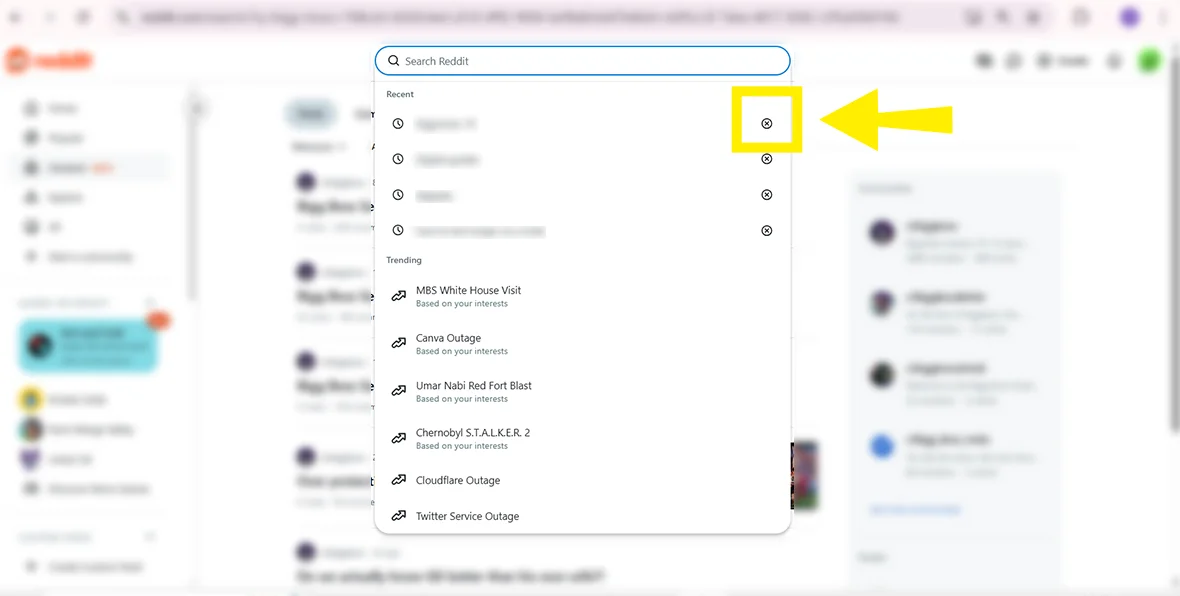 Tap on X to delete Reddit Search history