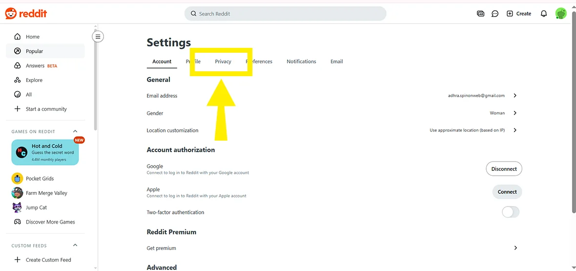 Look for the Privacy tab