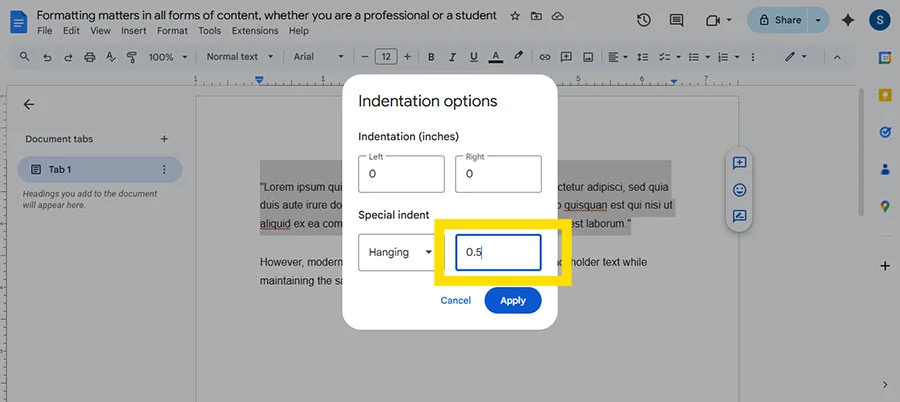 Tap on Hanging and make sure to type down 0.5.