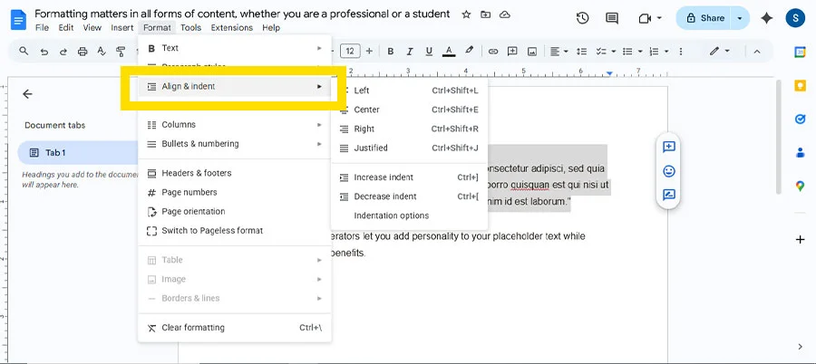 Choose Align & Indent. 